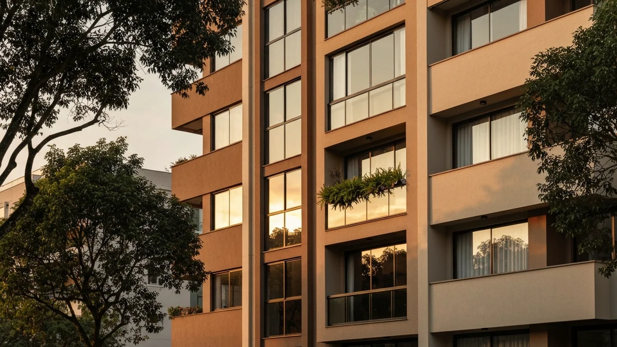 Ilustração de construção de prédio residencial em fase inicial com elementos de planejamento e contrato