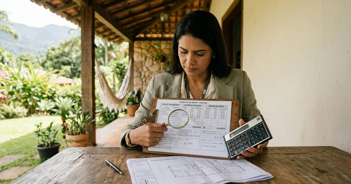 Investidor analisando planilha de avaliação imobiliária com três metodologias