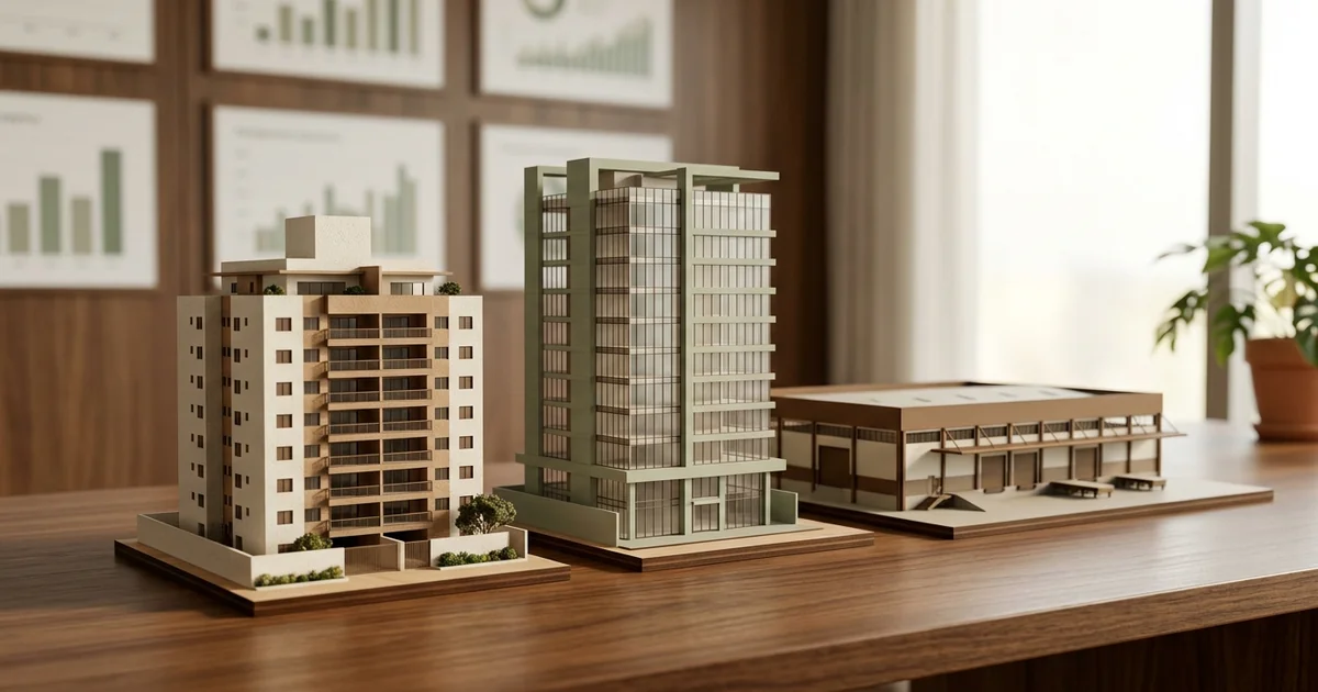 Comparativo visual entre apartamento residencial, sala comercial e galpão logístico