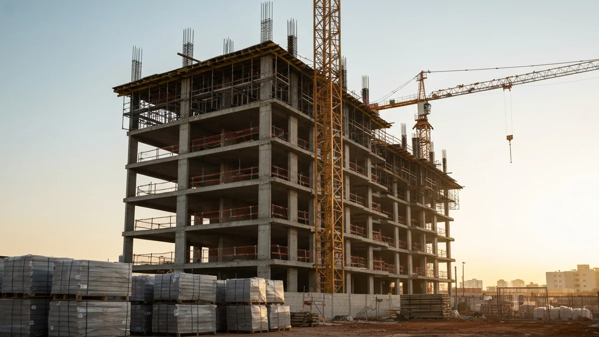 Ilustração de contrato imobiliário com gráficos de análise financeira e obras em construção